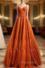 Burnt Orange Straps Tulle A-Line Long Formal Prom Gown Formal Dresses