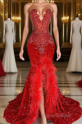 Mermaid Formal Prom Dress with Sequins Sleeveless Split Beadings and Feather Embellishments