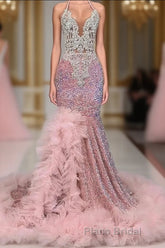 Pink Halter Mermaid Formal Prom Dress with Sequins Beadings and Tulle Ruffle
