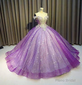 Purple Off The Shoulder Ball Gown Bling Bling Prom Dress