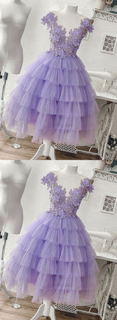 Purple Tulle Applique Short Homecoming Dress, Homecoming Dress