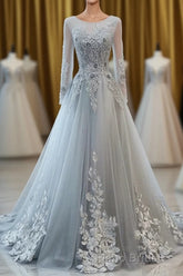 Grey Long Sleeves V Neckline Tulle Formal Prom Dresses, A Line Floor Length Party Dresses