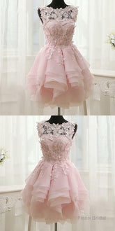 Pink Appliques Organza Tiered Short Homecoming Dress, Simple Homecoming Dresses