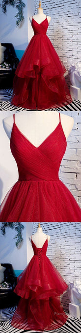 Elegant Tulle Red Straps Prom Dress, A Line Prom Dresses, Long Evening Dress, Burgundy Prom Dress