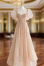 Chamapgne Beaded Short Sleeves Tulle A-line Formal Prom Dresses, Champagne Party Dresses