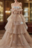 Champagne A-Line Off Shoulder Tulle Sequin Long Ball Dresses Cute Layered Dresses