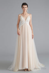 Champagne A-line Prom Dresses with Lace Top