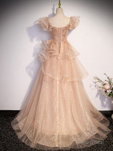Champagne A-Line Tulle Beading Long Prom Dress, Champagne Formal Dresses