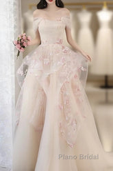 Champagne A-Line Tulle Sequins Long Formal Prom Dresses Embroidery Applique Formal Evening Dresses