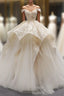 Champagne Ball Gown Tulle Lace Off The Shoulder Formal Prom Dresses