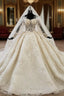 Champagne Ball Gown Tulle Off the Shoulder Beading Appliques Long Sleeve Wedding Dresses