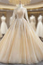 Champagne Ball Gown Tulle Sequins Long Sleeve Backless Formal Prom Dresses