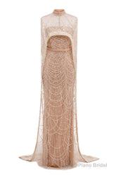 Champagne Beading Prom Dresses Sweep Train High Neck Zipper Sleeveless Evening Dresses