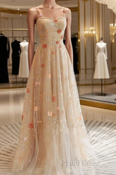 Champagne Floral Tulle Straps Sweetheart Wedding Party Dresses, A-Line Tulle Long Formal Prom Dresses