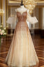 Champagne Gold Sequins Flying Sleeve Formal Prom Dresses