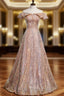 Champagne Gold Sequins Off the Shoulder Formal Prom Dresses