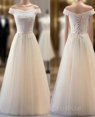 Champagne Lace Applique Off Shoulder Tulle Party Formal Prom Dresses