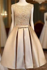 Champagne Lace Short Formal Prom Dresses, Cute Homecoming Dresses