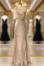 Champagne Long Sheath Evening Dresses One Shoulder Sequins Tulle Women