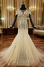 Champagne Mermaid Tulle Sequins Cap Sleeve Beading Crystal Wedding Dresses