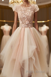 Champagne round neck tulle beads short Formal Prom dress, homecoming dress