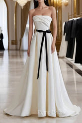 Champagne Satin Long A-Line Formal Prom Dresses, Strapless Formal Evening Dresses