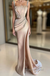 Champagne Satin Straps Beading Mermaid Formal Prom Dresses