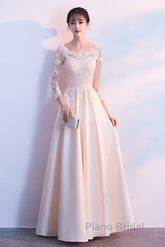 Champagne Satin With Lace Long Sleeves Formal Prom Dresses Evening Dresses, A-Line Simple Bridesmaid Dresses