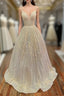 Champagne Sequins Long A-Line Formal Prom Dresses, Shiny V-Neck Spaghetti Straps Party Dresses