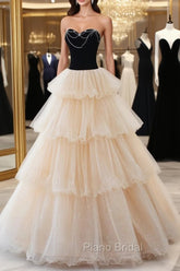Champagne Sweetheart Neck Tulle Long Formal Prom Dresses, Champagne Formal Dresses