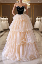 Champagne Sweetheart Tulle Layers Long Party Dresses, Strapless A-Line Formal Prom Dresses