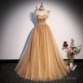 Champagne Tulle Beaded Long Sweet 16 Formal Dresses, Champagne Party Dresses