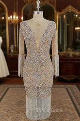 Champagne Tulle Beads Mermaid Short Formal Prom Dresses, Champagne Evening Dresses