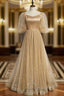Champagne Tulle Embroidery Puff Sleeve Formal Prom Dresses