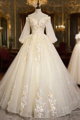 Champagne Tulle Lace Floor Length Formal Prom Dresses, Off Shoulder Long Sleeve Formal Dresses