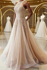 Champagne tulle lace long Formal Prom dress, champagne tulle evening dress