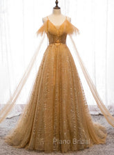 Champagne Tulle Lace V-neckline Beaded Unique Floor Length Party Dresses, New Formal Prom Dresses Evening Dresses