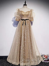 Champagne Tulle Long Party Dresses, Short Sleeves A-line Formal Dresses Evening Dresses