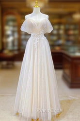 Champagne Tulle Long Formal Prom Dresses with Lace, Off the Shoulder Evening Dresses