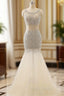 Champagne Tulle Mermaid Tulle Scoop Beaded Formal Prom Dresses