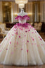 Champagne Tulle Off the Shoulder 3D Flower Beading Formal Prom Dresses