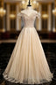 Champagne Tulle Sequins Beading Formal Prom Dresses