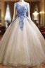 Champagne Tulle Sequins Blue Appliques Quinceanera Dresses