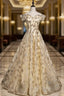 Champagne Tulle Sequins Off the Shoulder Long Formal Prom Dresses