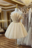 Champagne Tulle Short A-Line Formal Prom Dresses, Lovely Strapless Party Dresses