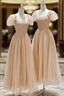 Champagne Tulle Tea Length Formal Prom Dresses, Cute Short Sleeve Evening Dresses