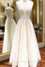 Champagne Tulle V Neck Lace Backless Long Formal Prom Dresses