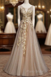 Champagne Tulle V-Neckline Long Lace Formal Prom Dresses, A-Line Formal Gown Party Dresses