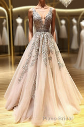 Champagne v neck tulle lace beads long Formal Prom dress tulle formal dress