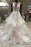 Champagne v neck tulle lace long Formal Prom dress, champagne evening dress
